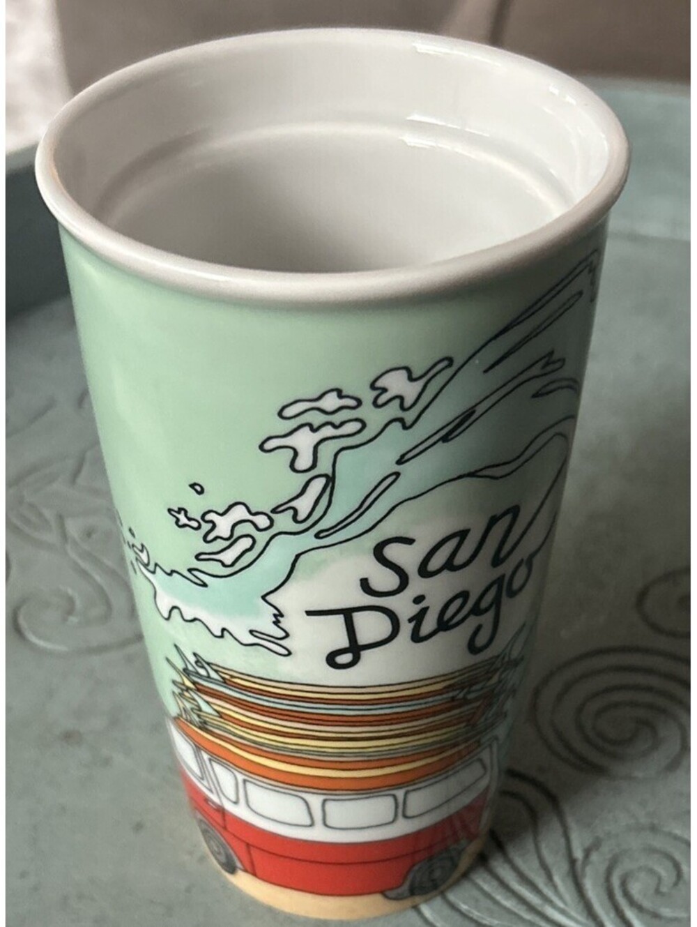 Starbucks San Diego CA Ceramic Travel Tumbler Surf VW Bus Beach Cup 2016 NO LID
